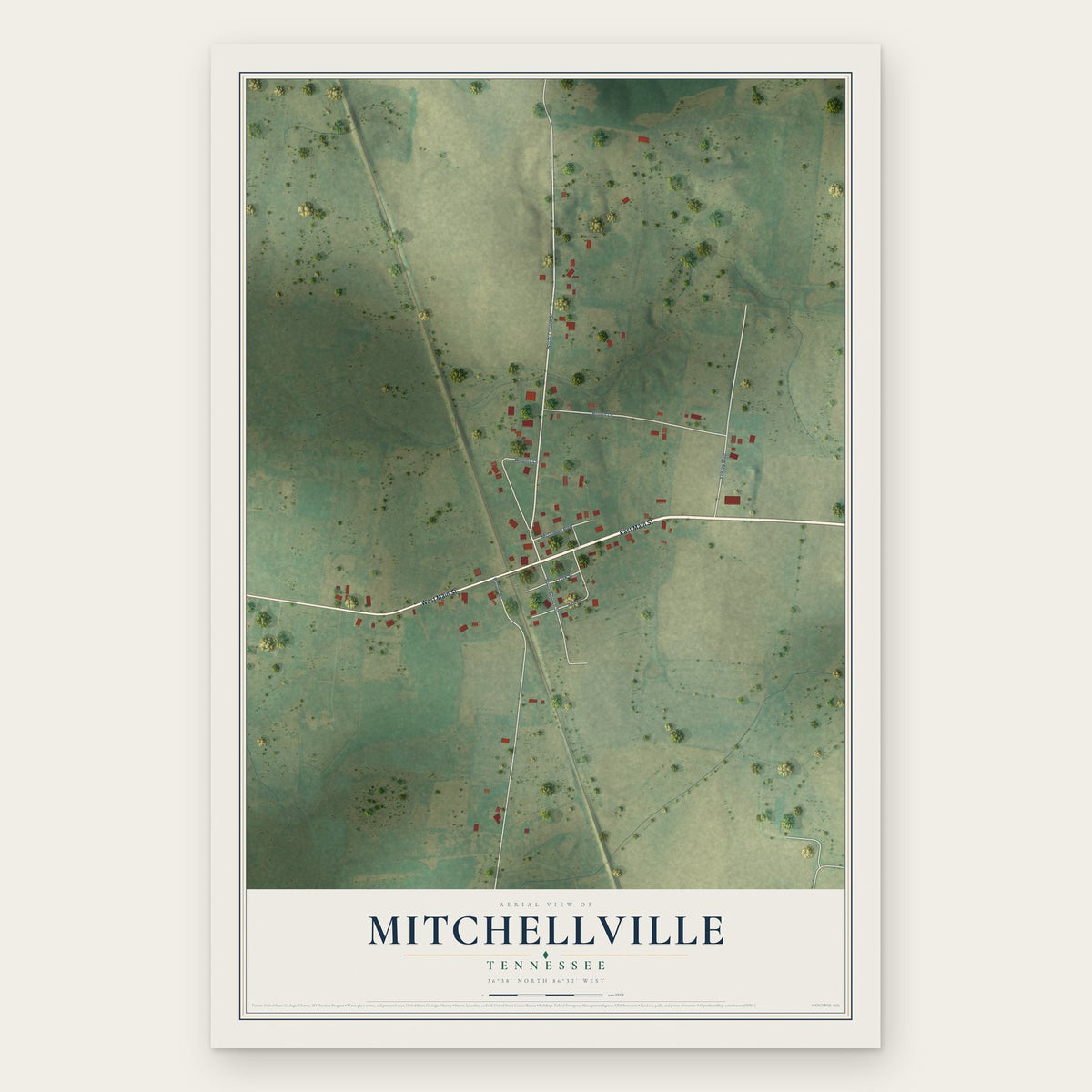 Mitchellville, Tennessee map print, the full design