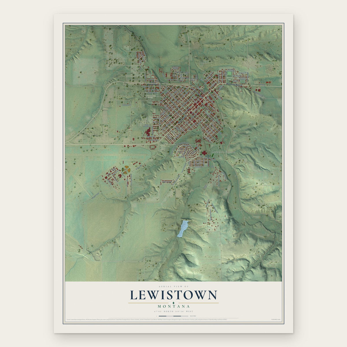 Lewistown, Montana map print, the full design