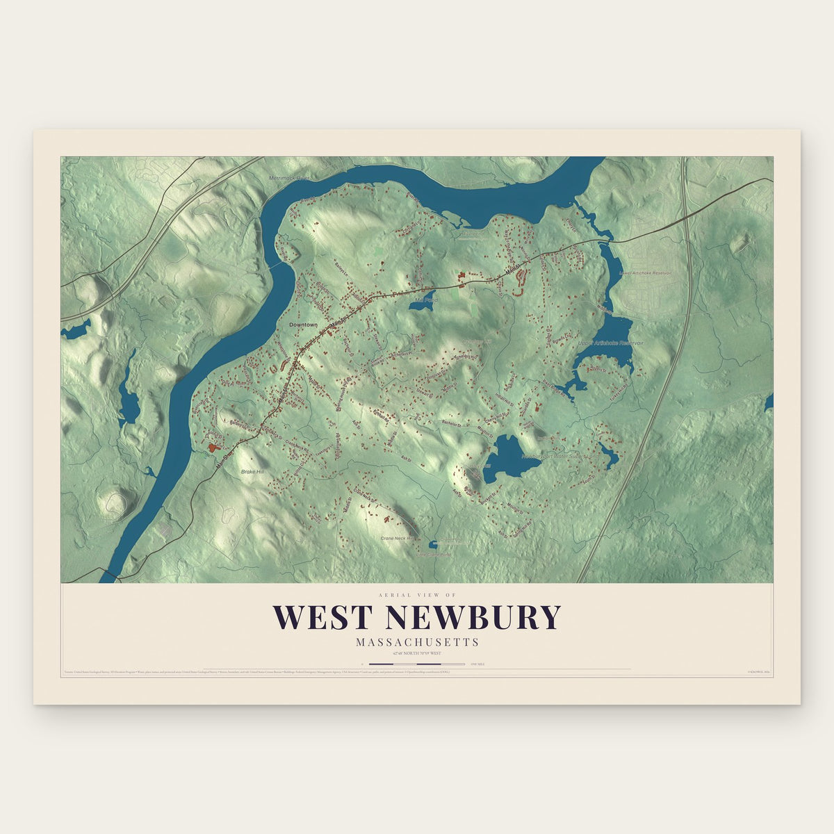 West Newbury, Massachusetts map print, the full design