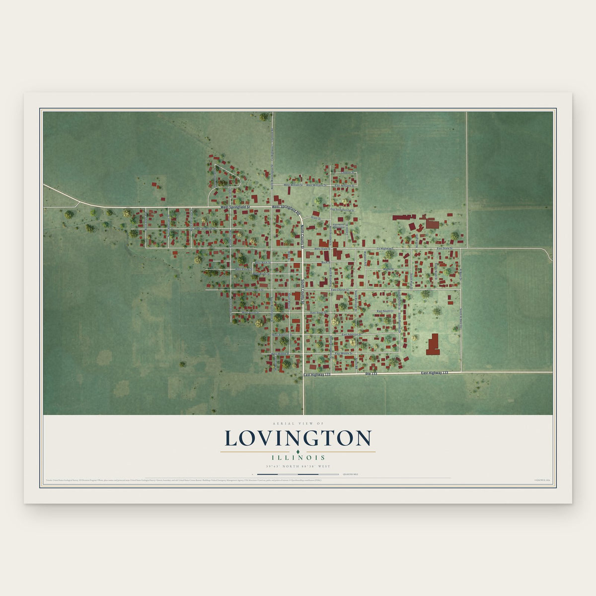 Lovington, Illinois map print, the full design