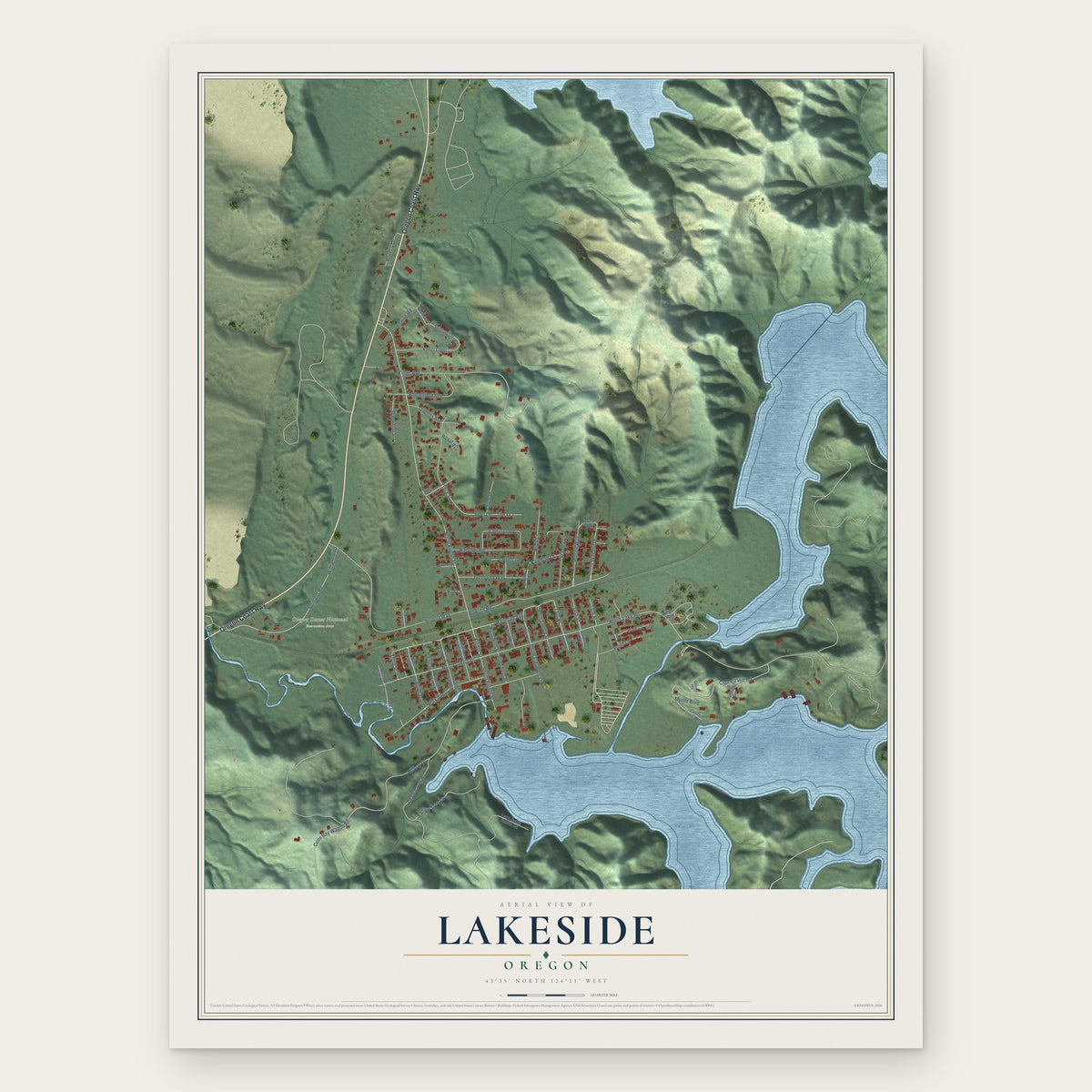 Lakeside, Oregon map print, the full design