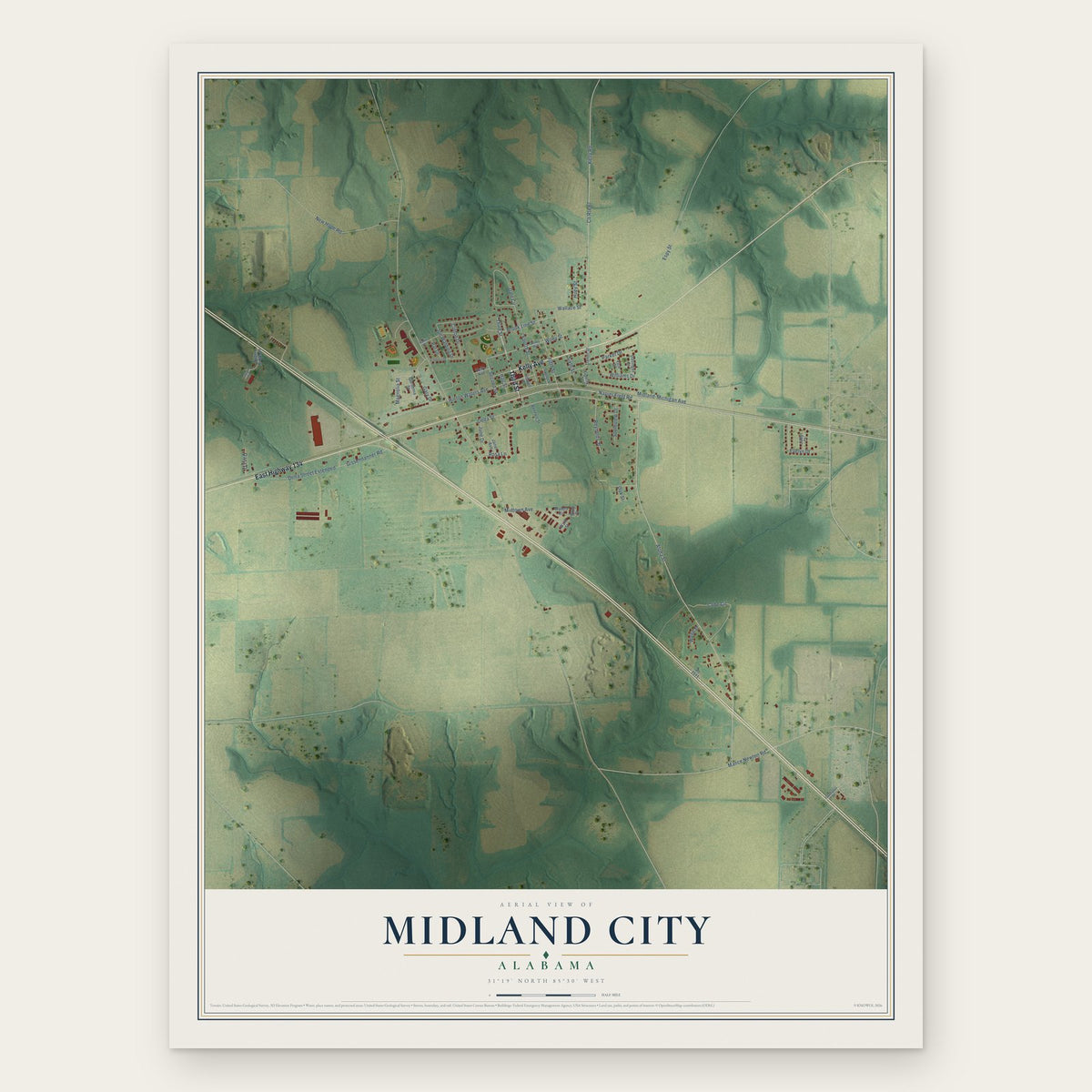 Midland City, Alabama map print, the full design