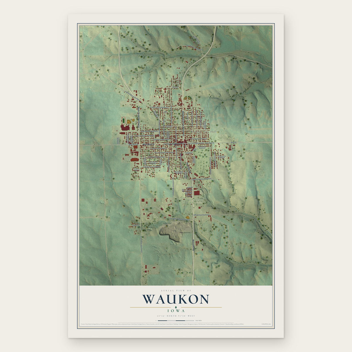 Waukon, Iowa map print, the full design