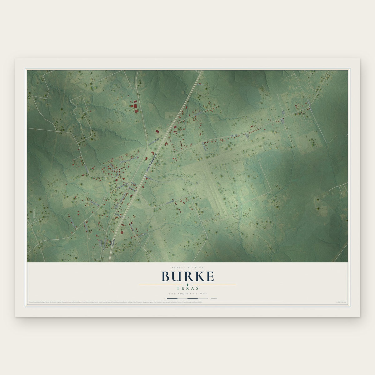 Burke, Texas map print, the full design