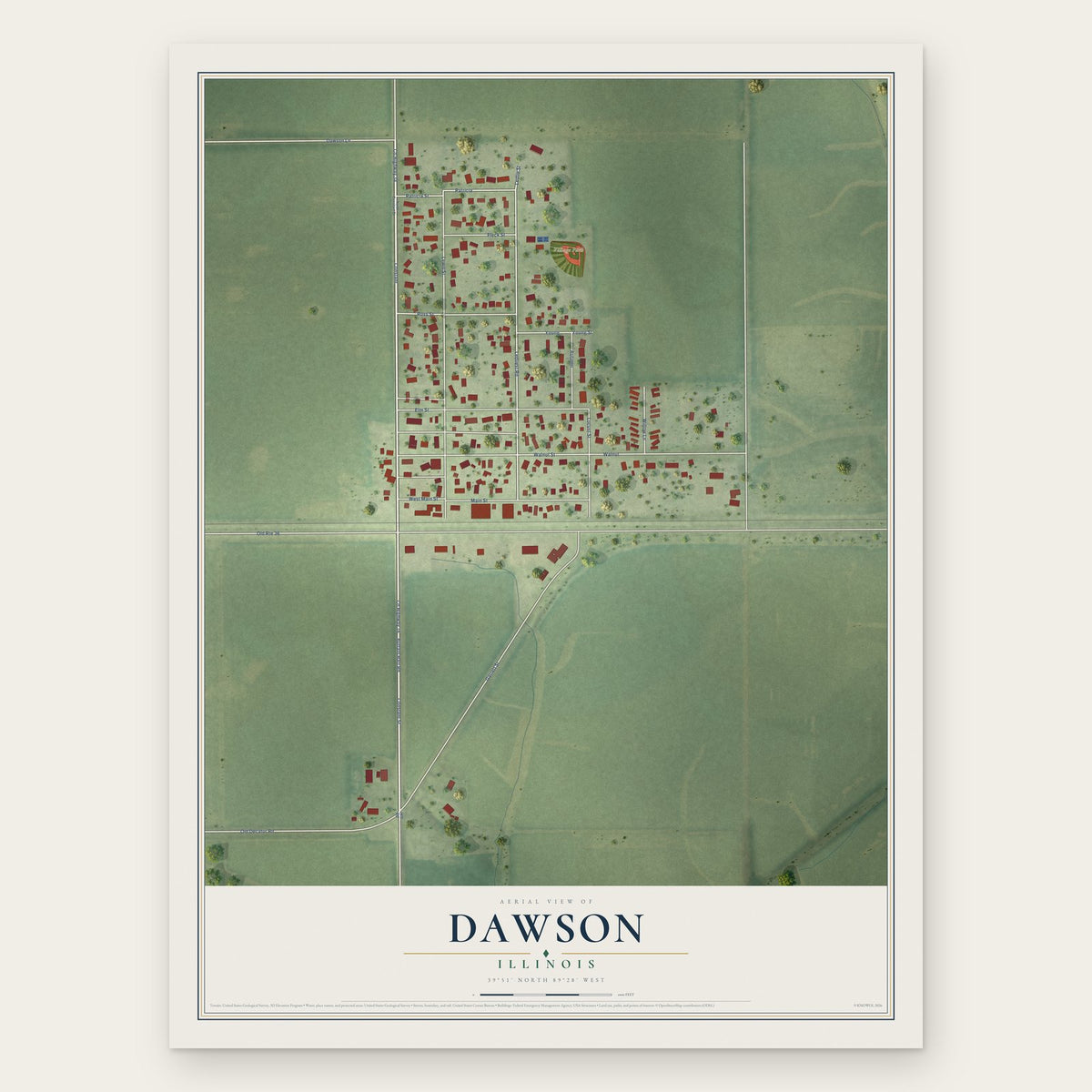 Dawson, Illinois map print, the full design