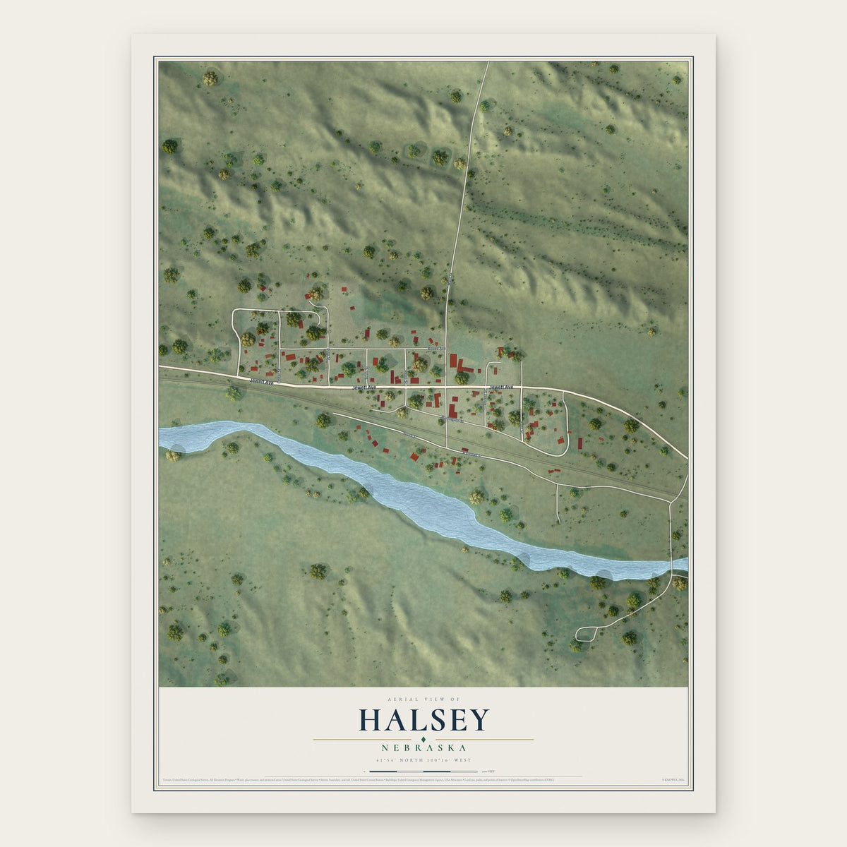 Halsey, Nebraska map print, the full design