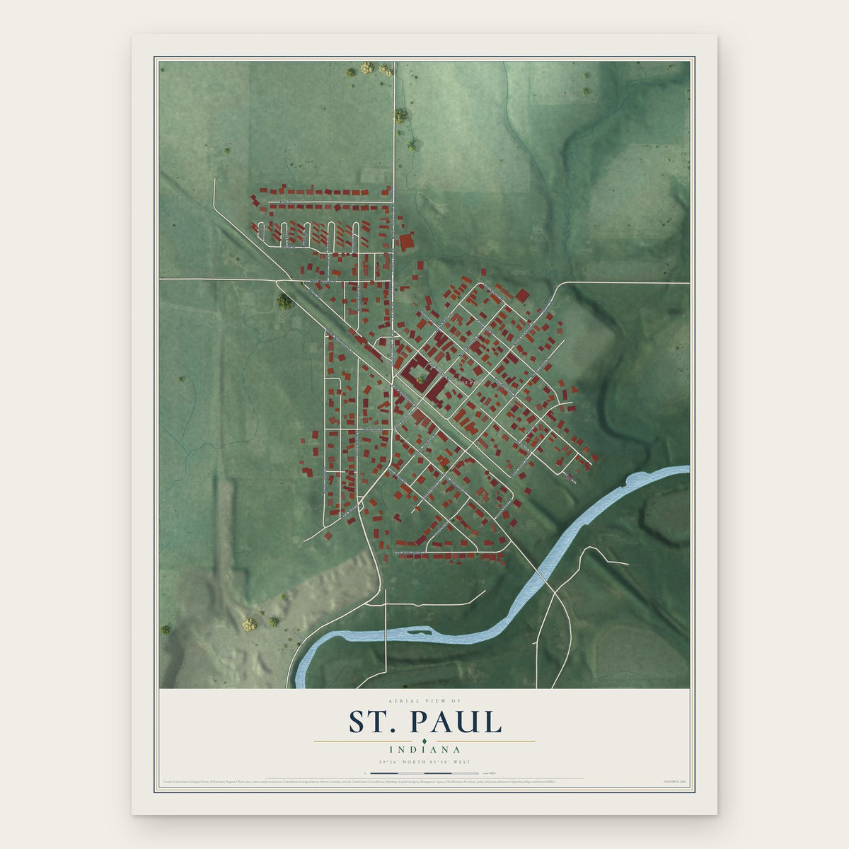 St. Paul, Indiana map print, the full design