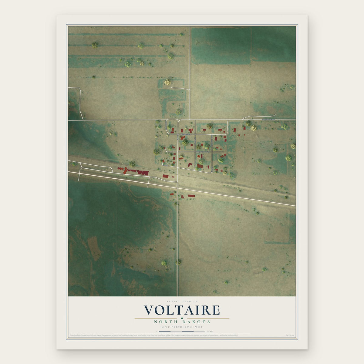 Voltaire, North Dakota map print, the full design