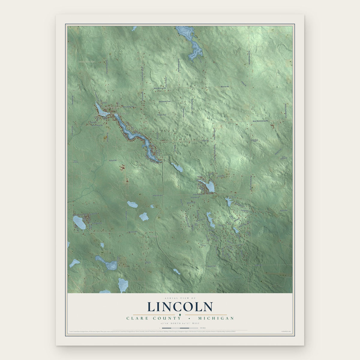 Lincoln, Clare County, Michigan map print, the full design