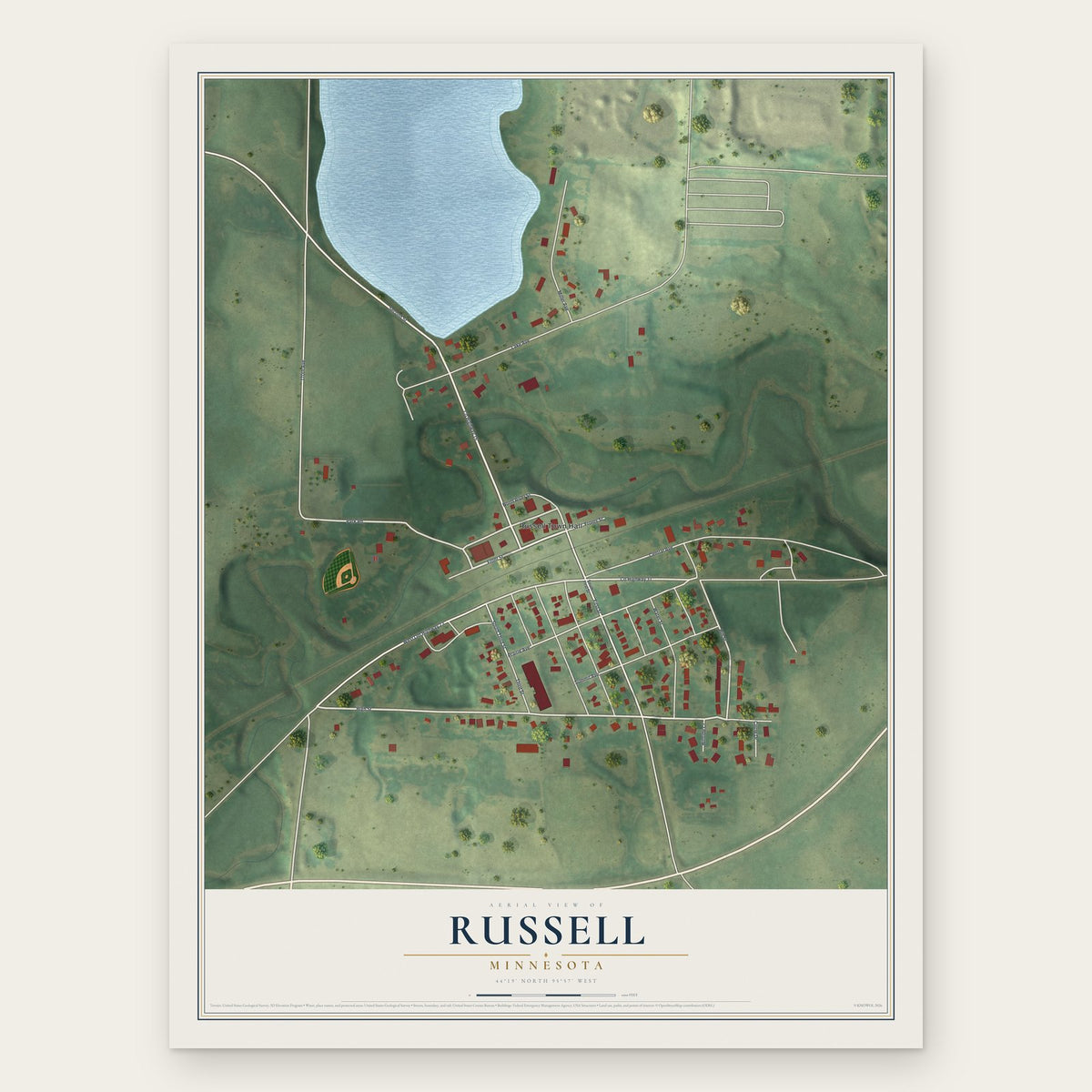 Russell, Minnesota map print, the full design