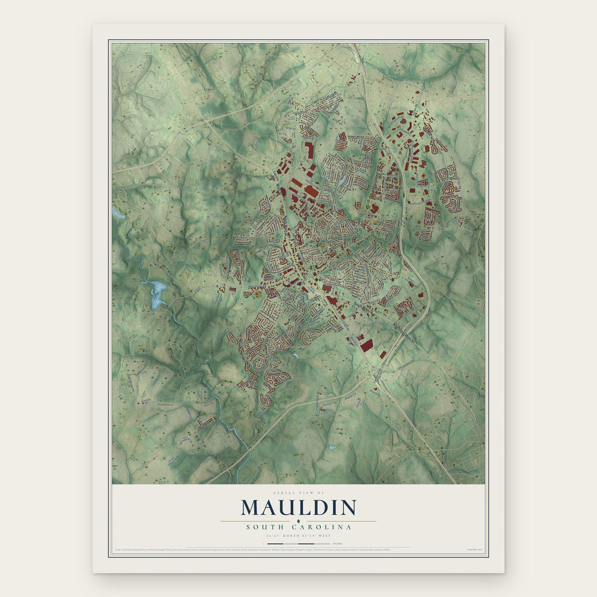 Mauldin, South Carolina map print, the full design