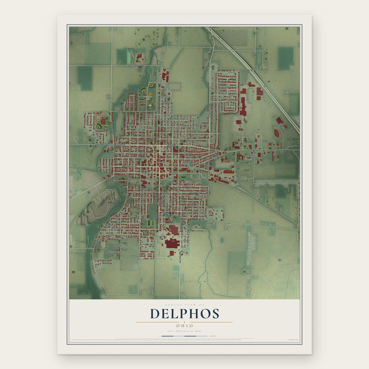Delphos, Ohio map print, the full design