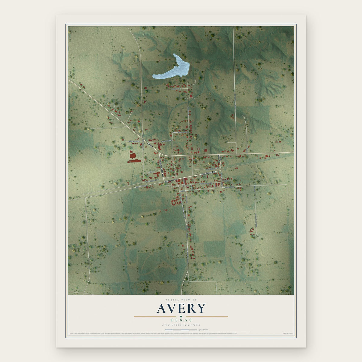 Avery, Texas map print, the full design
