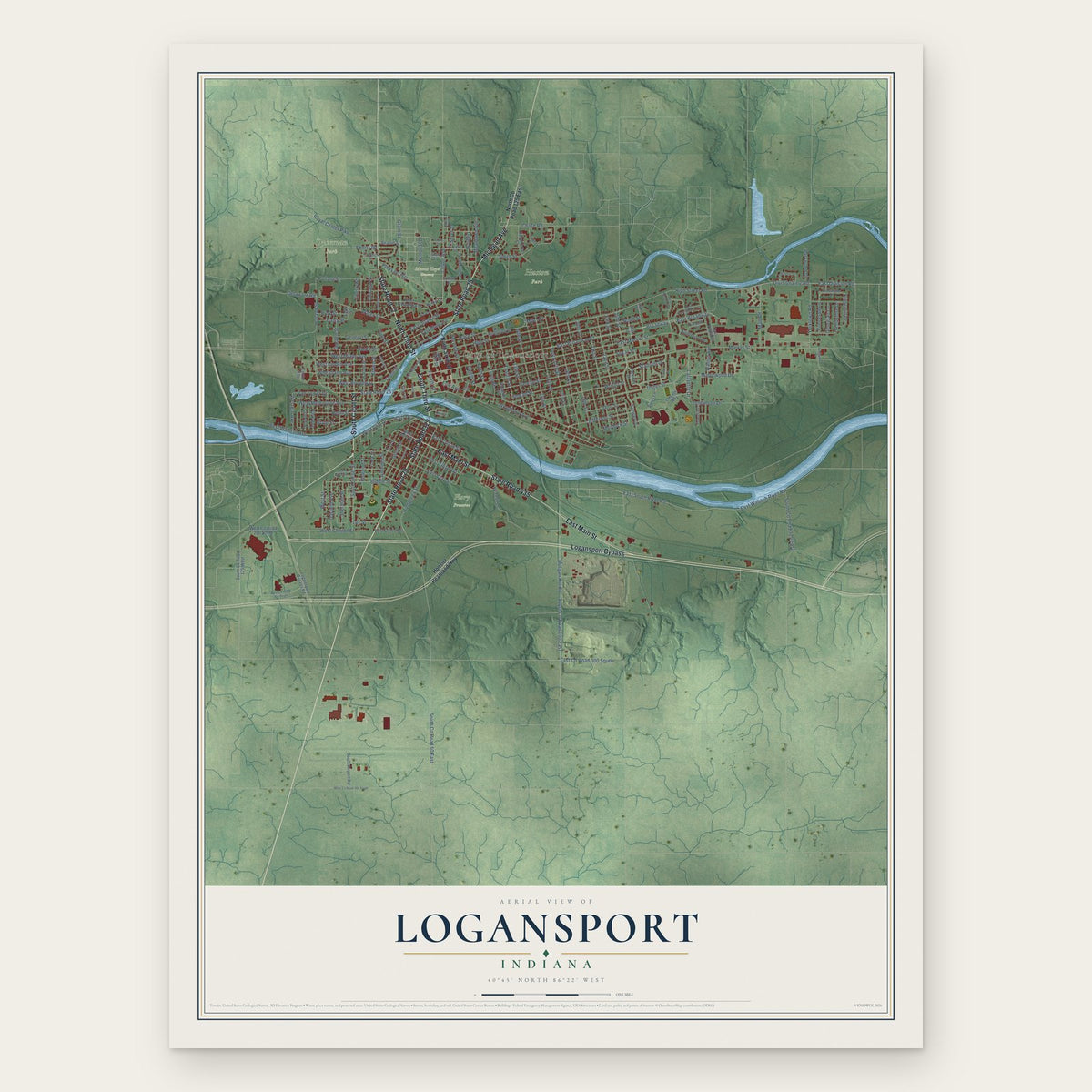 Logansport, Indiana map print, the full design