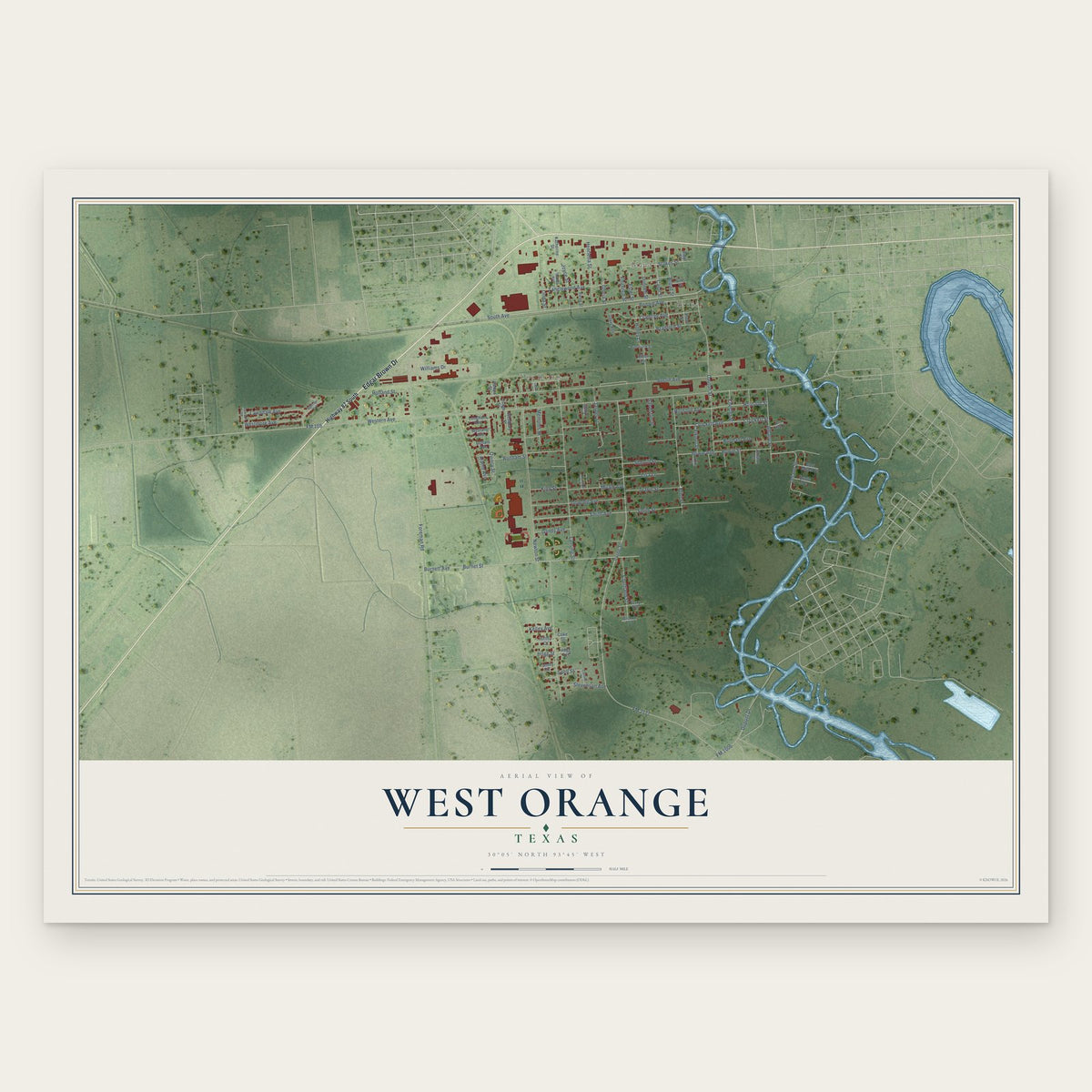 West Orange, Texas map print, the full design