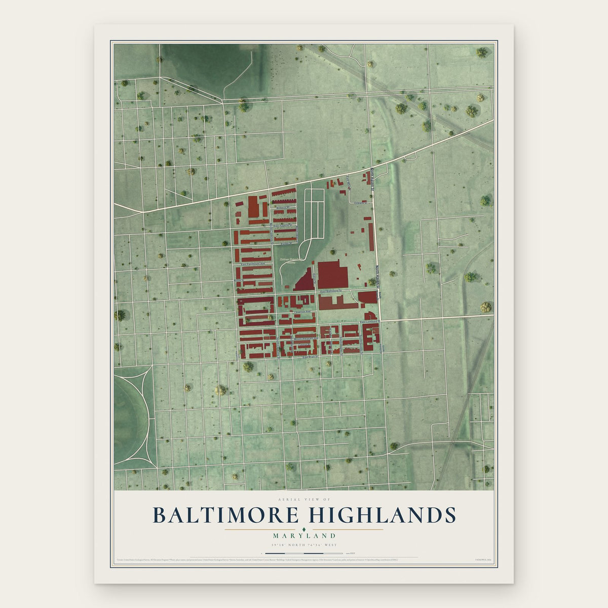 Baltimore Highlands, Maryland map print, the full design