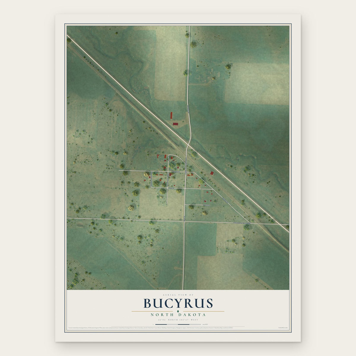 Bucyrus, North Dakota map print, the full design