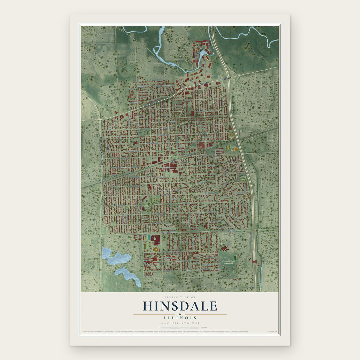 Hinsdale, Illinois map print, the full design