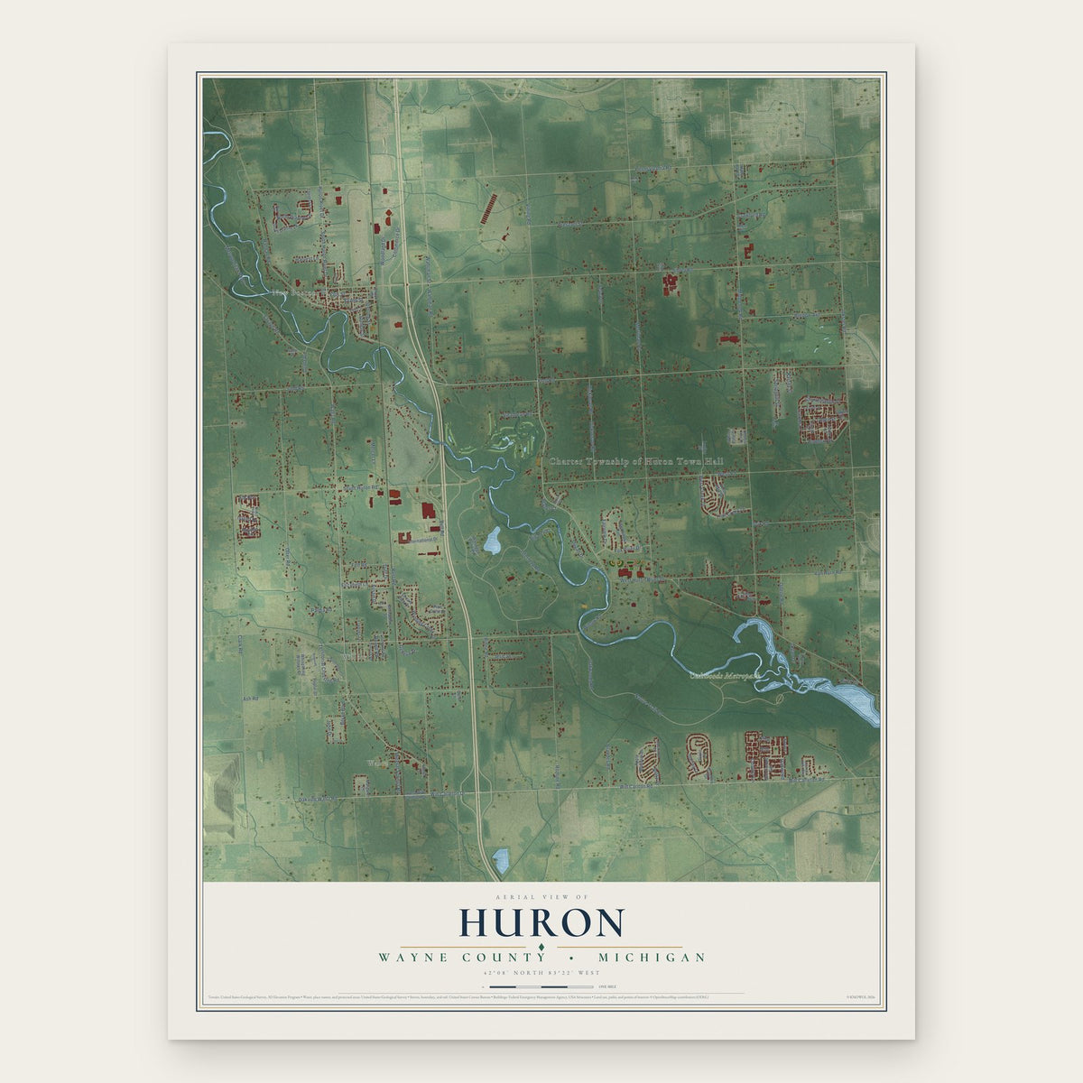 Huron, Wayne County, Michigan map print, the full design