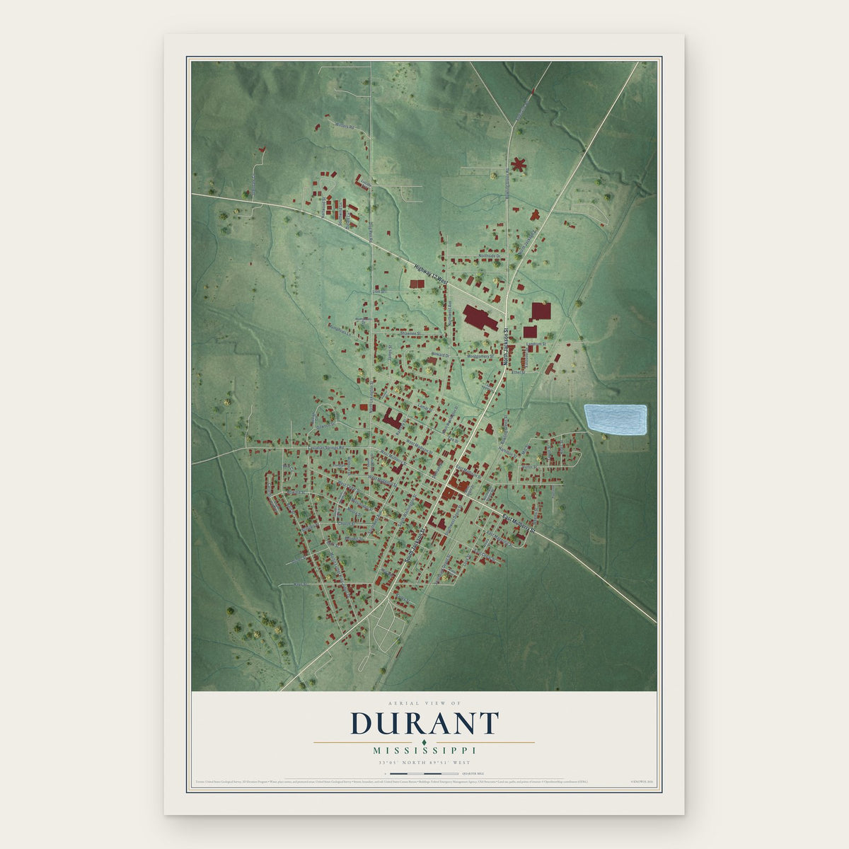 Durant, Mississippi map print, the full design
