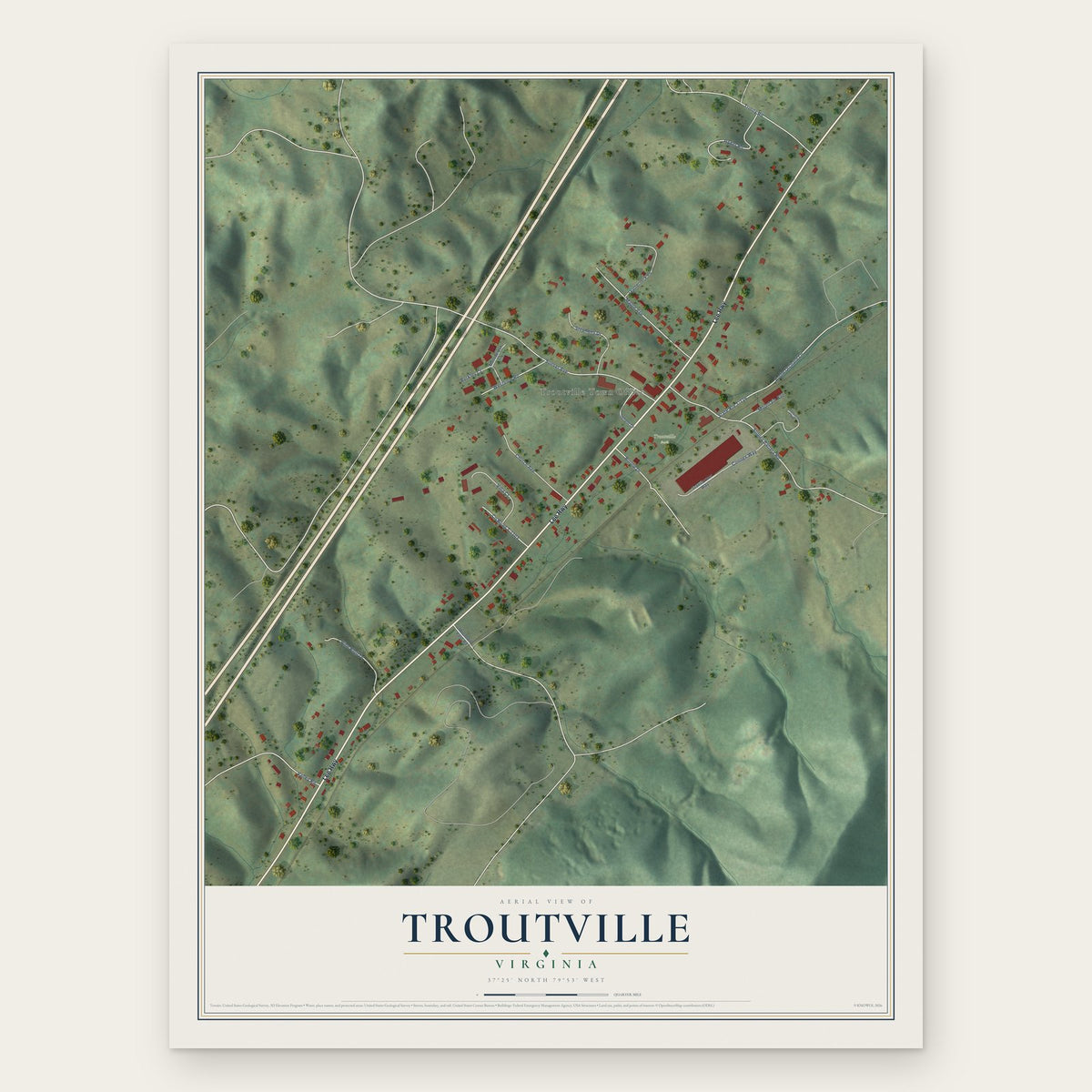 Troutville, Virginia map print, the full design