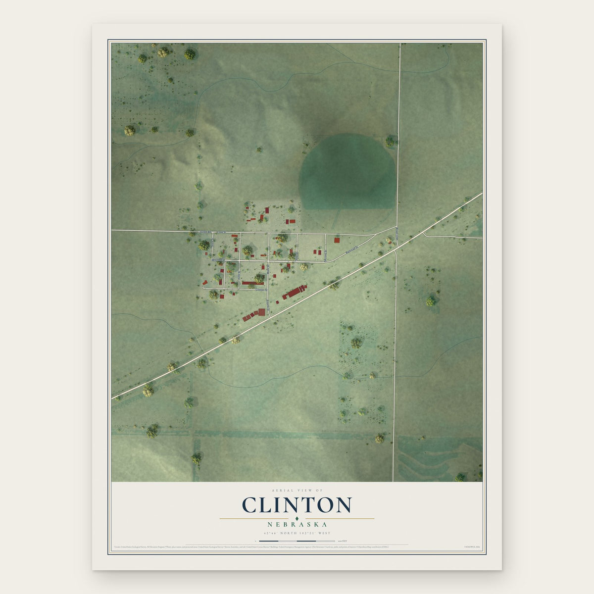 Clinton, Nebraska map print, the full design