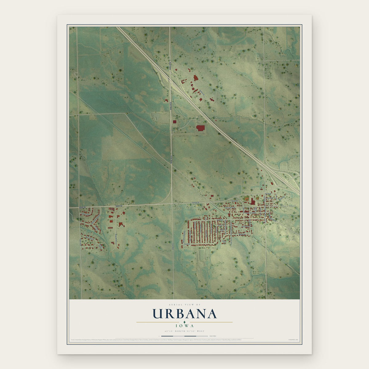 Urbana, Iowa map print, the full design