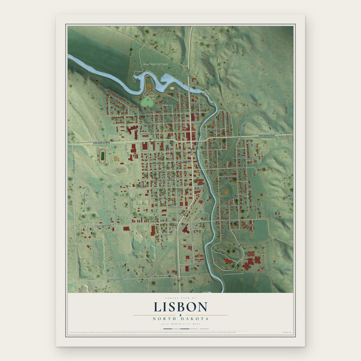 Lisbon, North Dakota map print, the full design