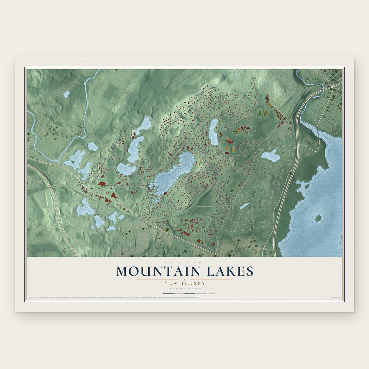 Mountain Lakes, New Jersey map print, the full design