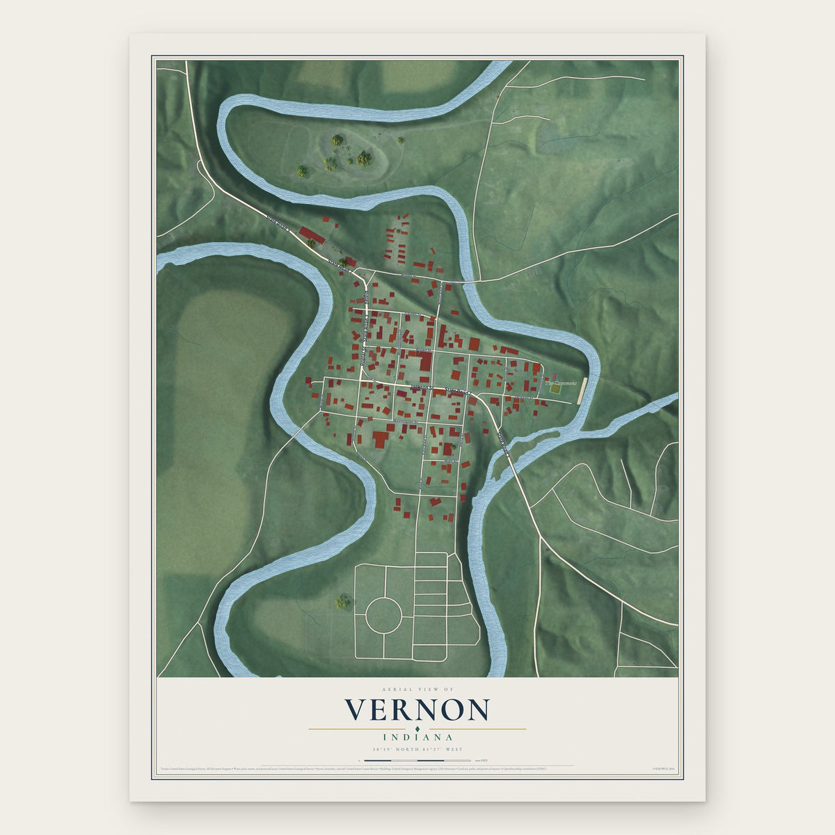 Vernon, Indiana map print, the full design