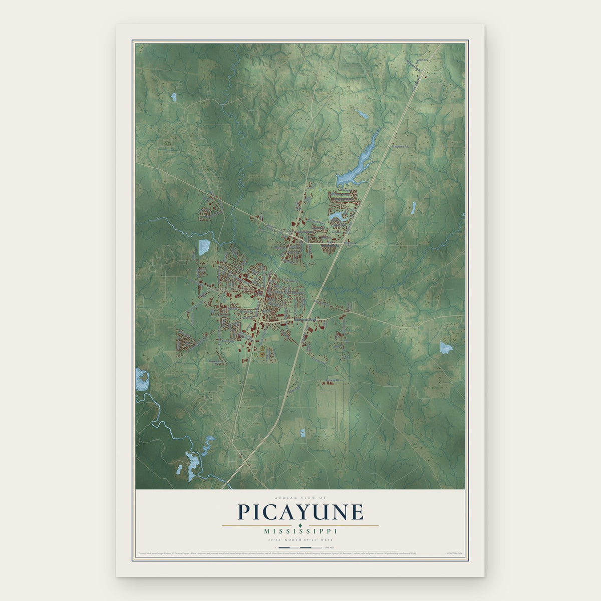Picayune, Mississippi map print, the full design