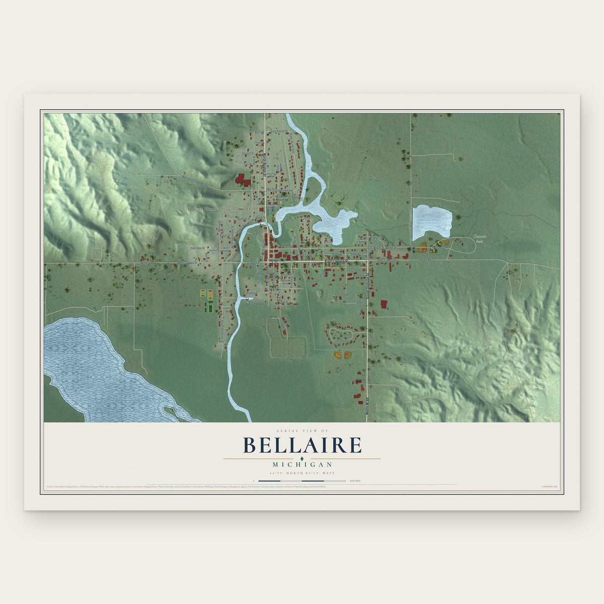 Bellaire, Michigan map print, the full design