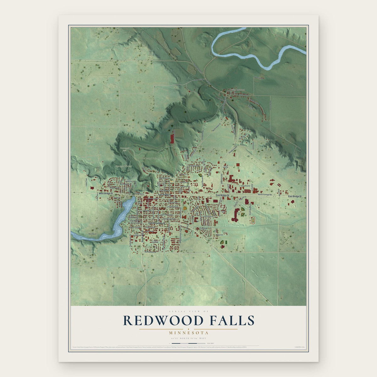 Redwood Falls, Minnesota map print, the full design