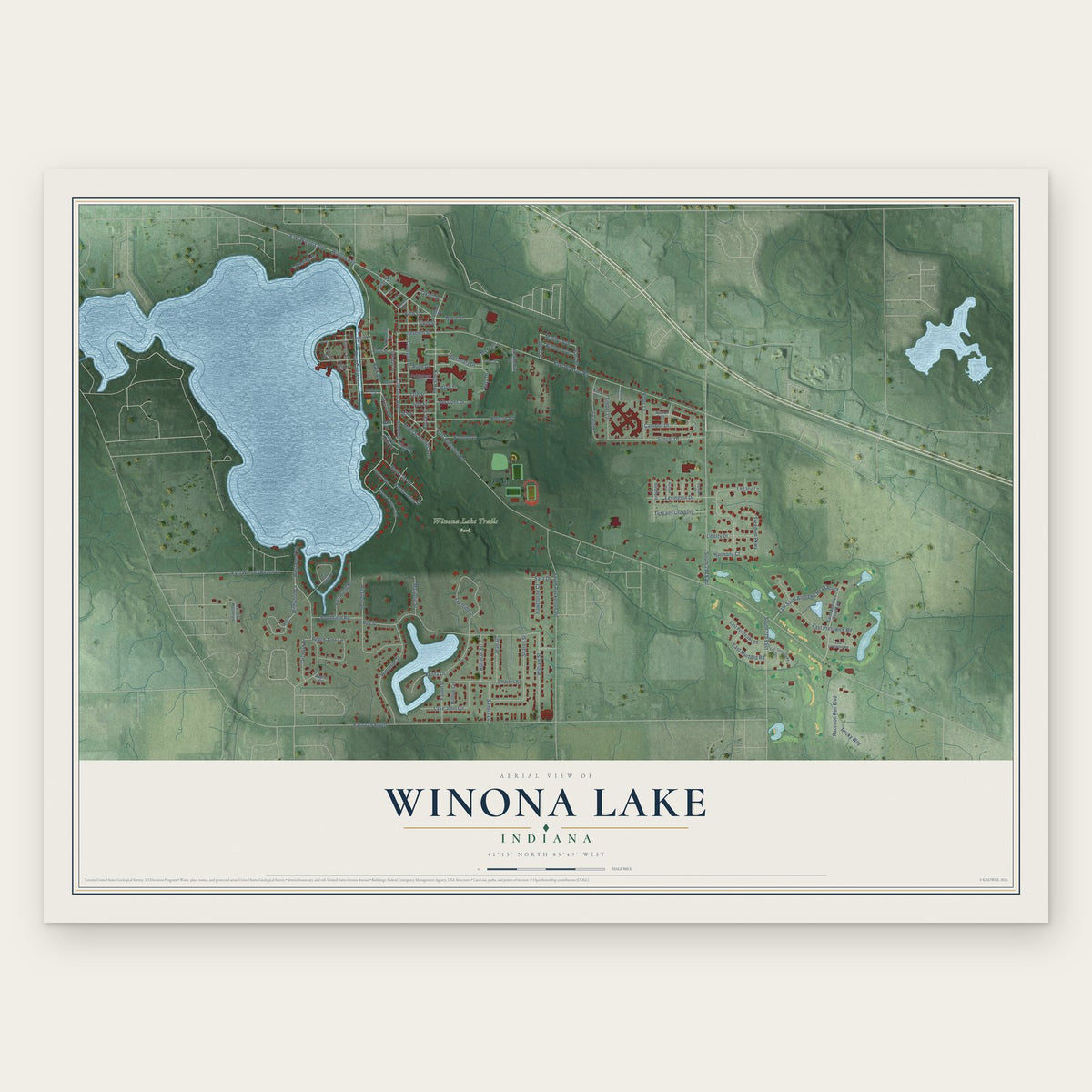 Winona Lake, Indiana map print, the full design