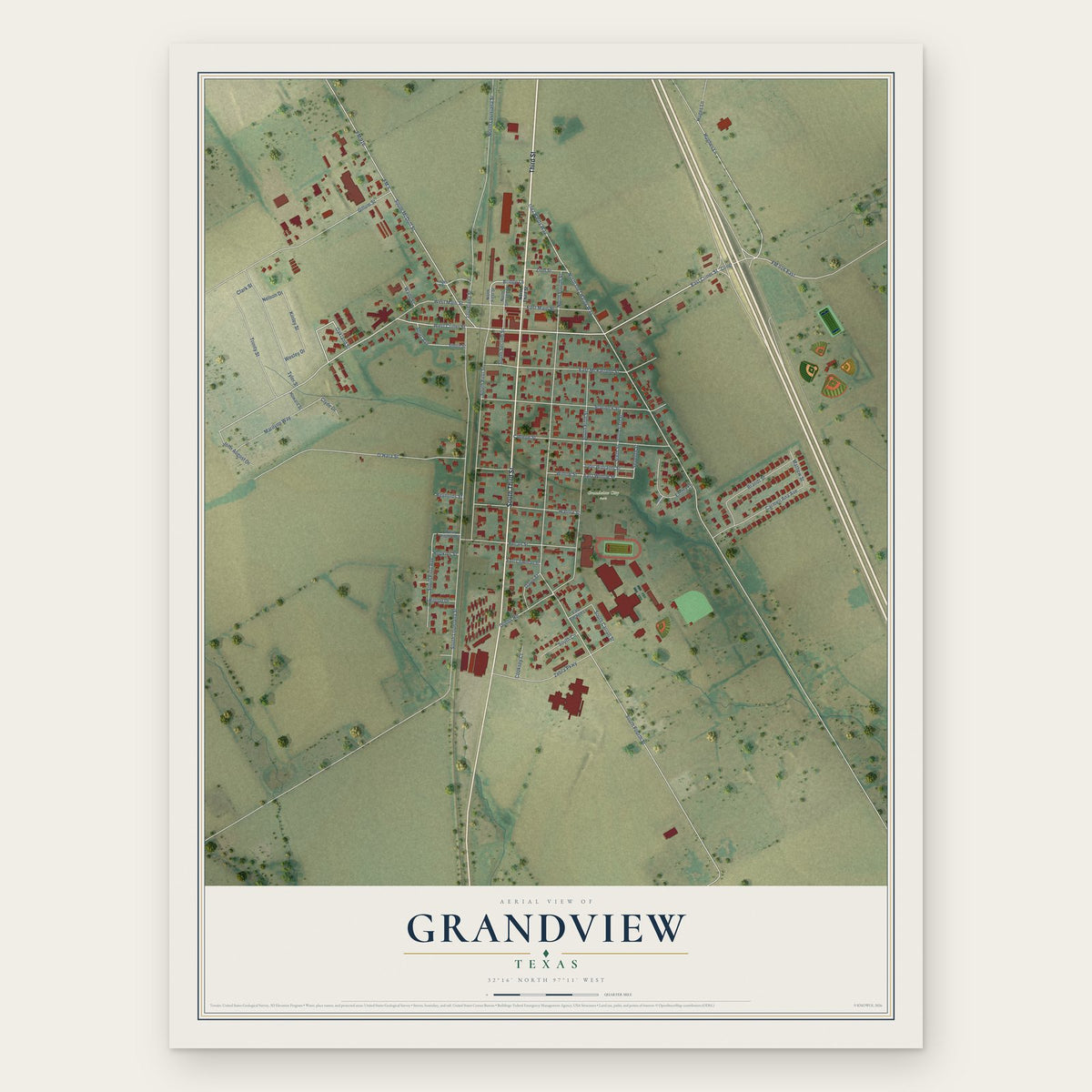 Grandview, Texas map print, the full design