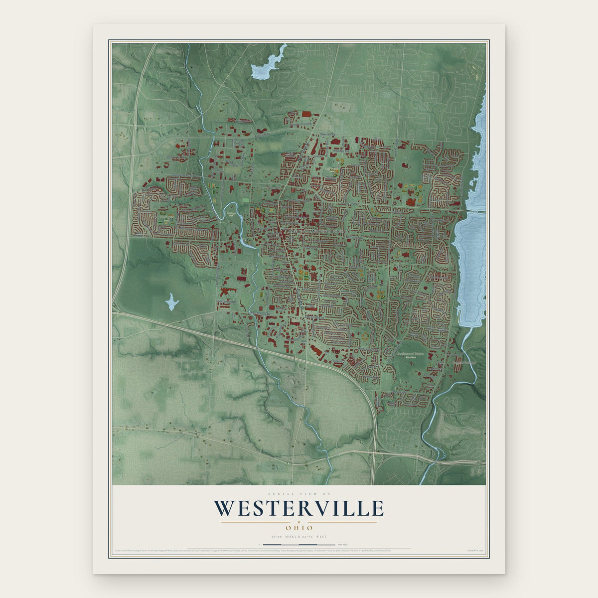 Westerville, Ohio map print, the full design