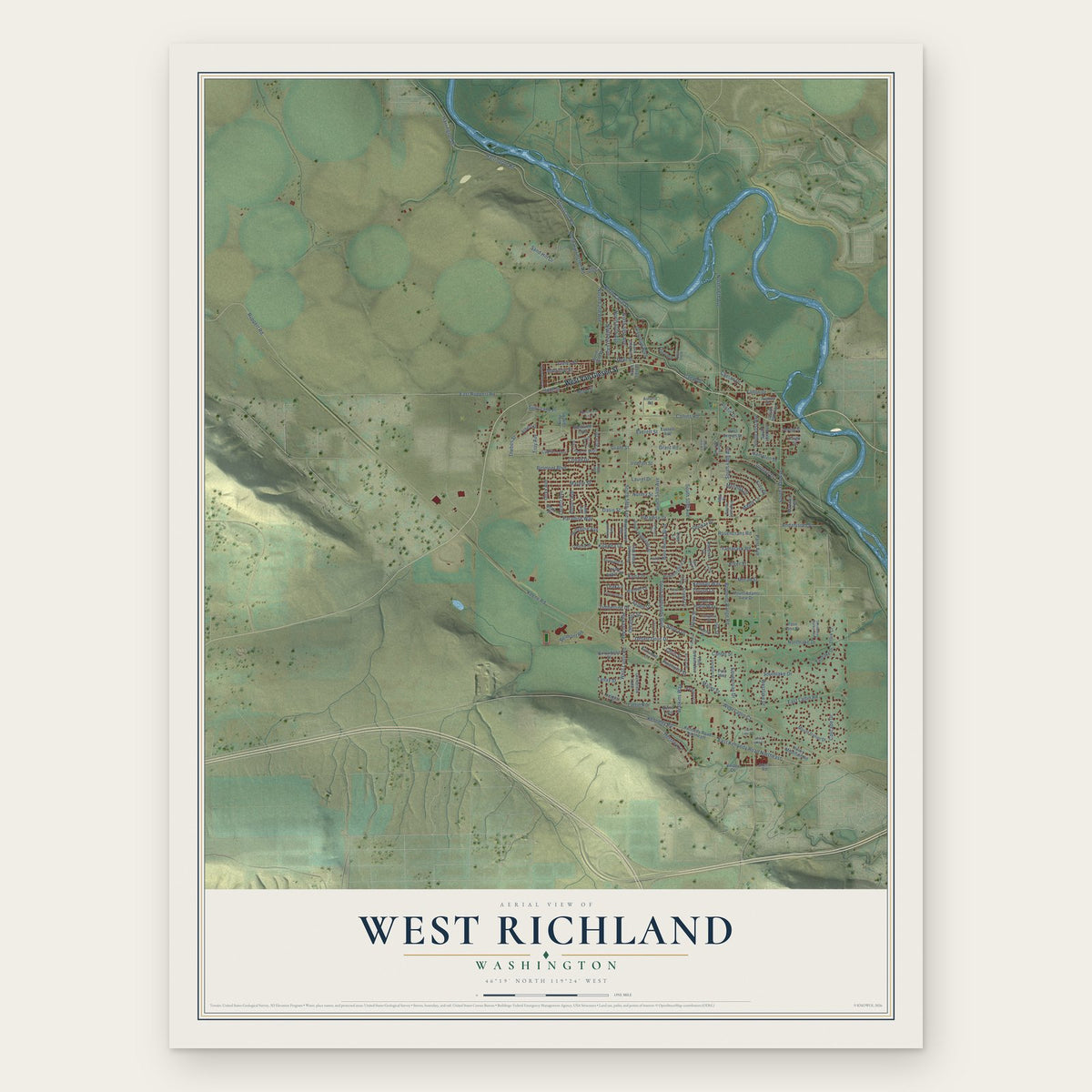 West Richland, Washington map print, the full design
