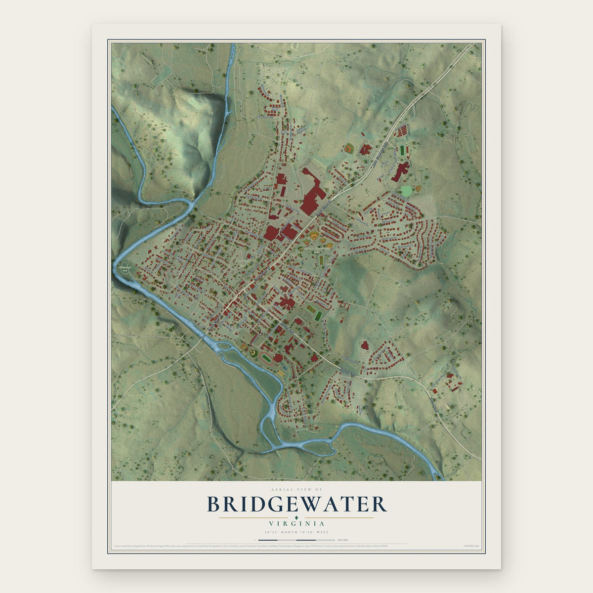Bridgewater, Virginia map print, the full design