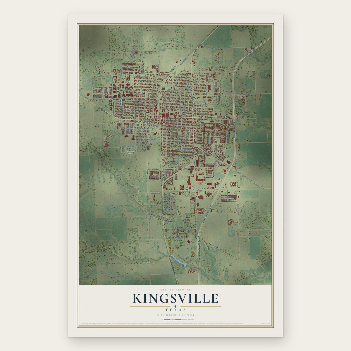 Kingsville, Texas map print, the full design