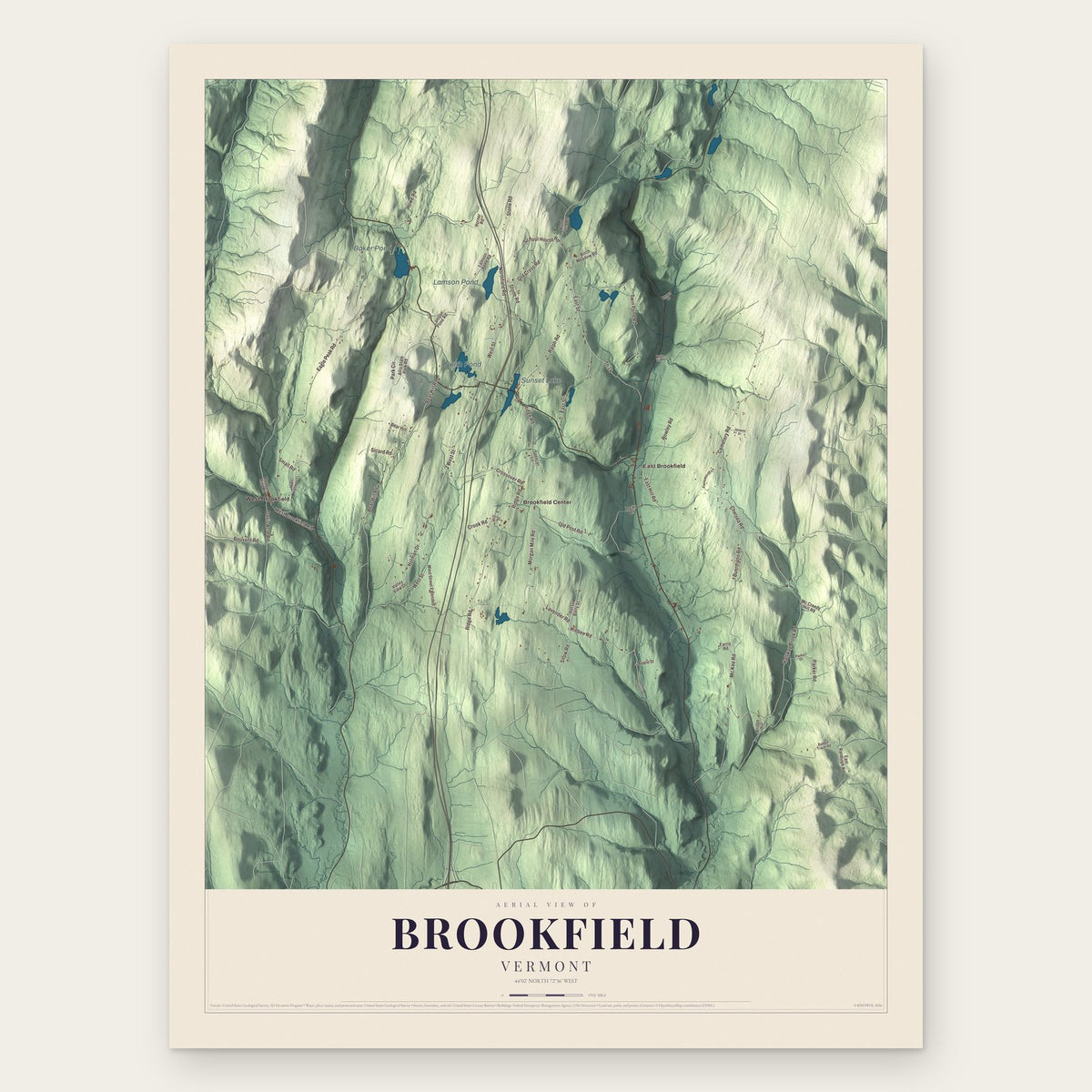 Brookfield, Vermont map print, the full design
