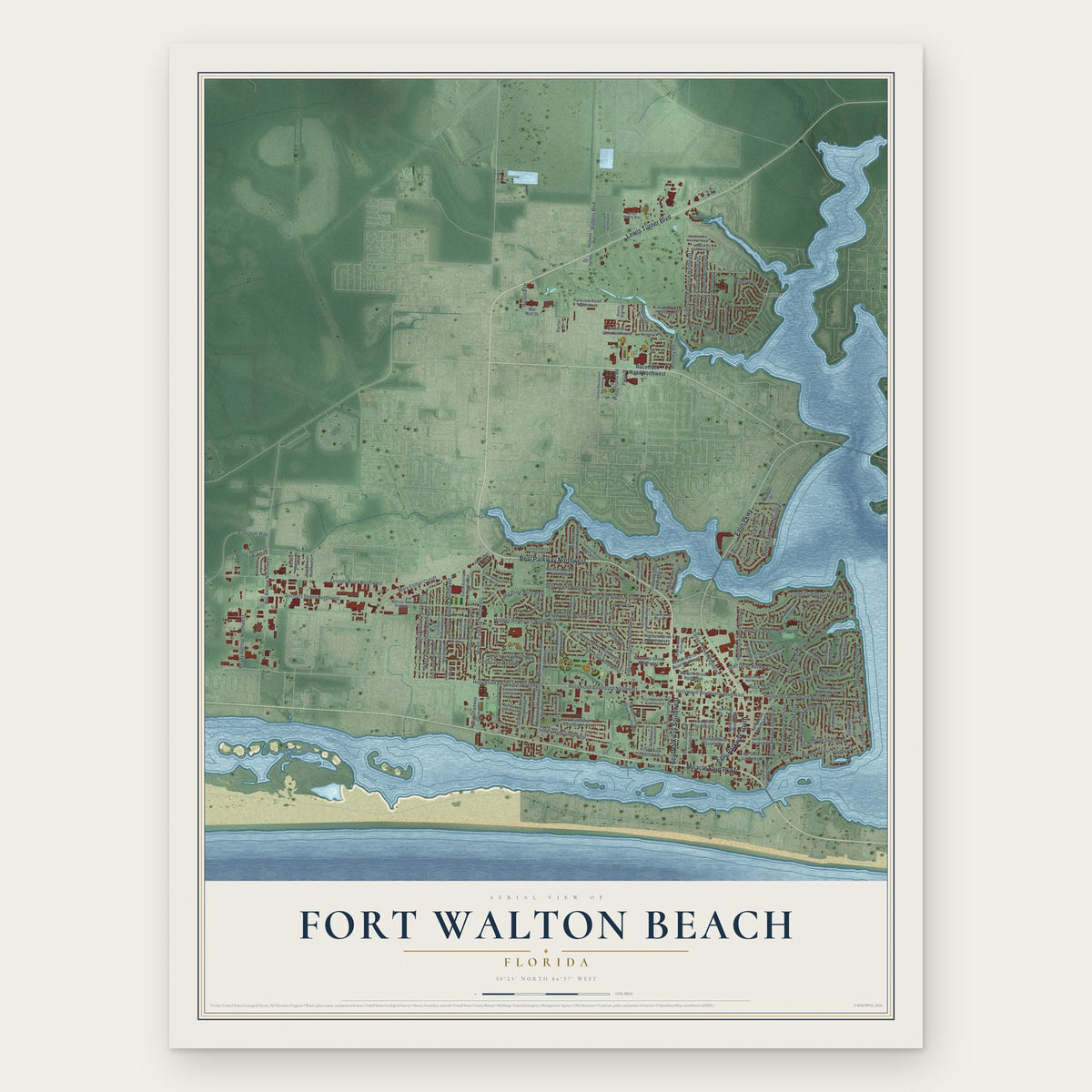 Fort Walton Beach, Florida map print, the full design