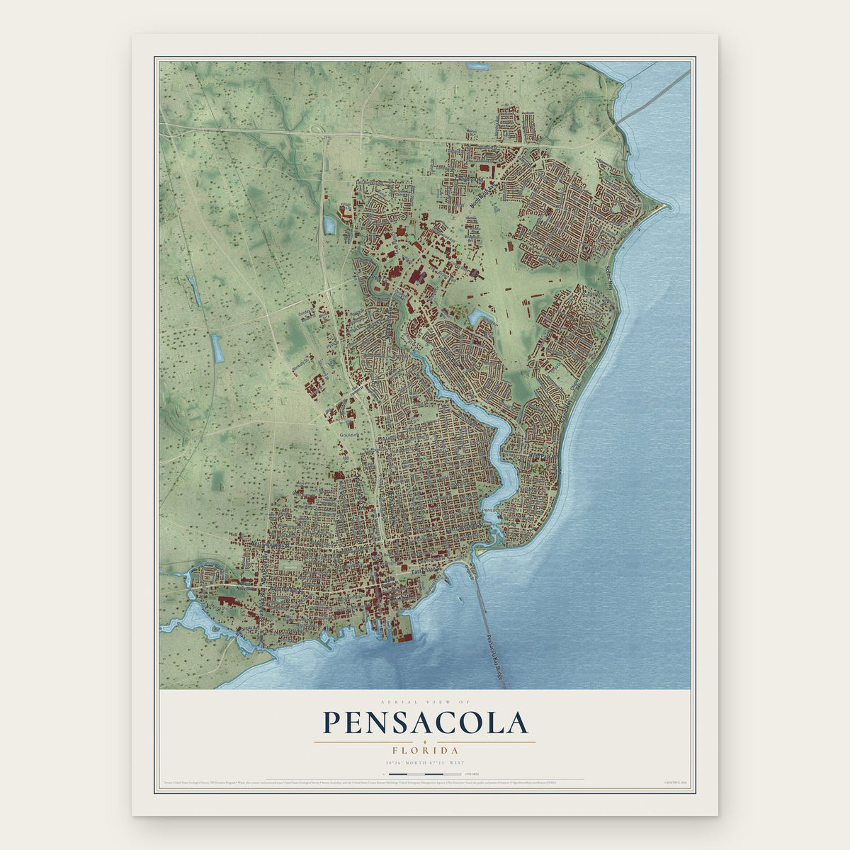 Pensacola, Florida map print, the full design