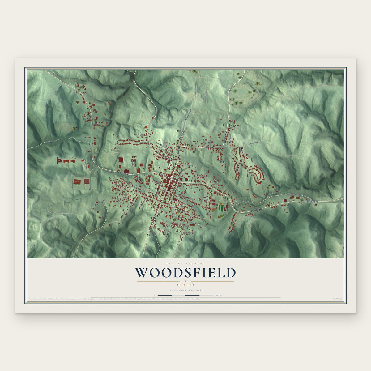 Woodsfield, Ohio map print, the full design