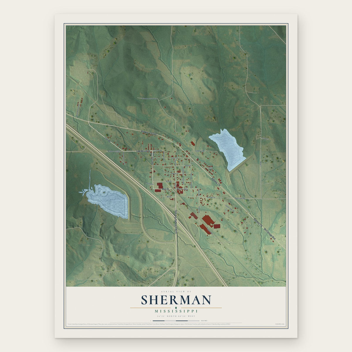 Sherman, Mississippi map print, the full design