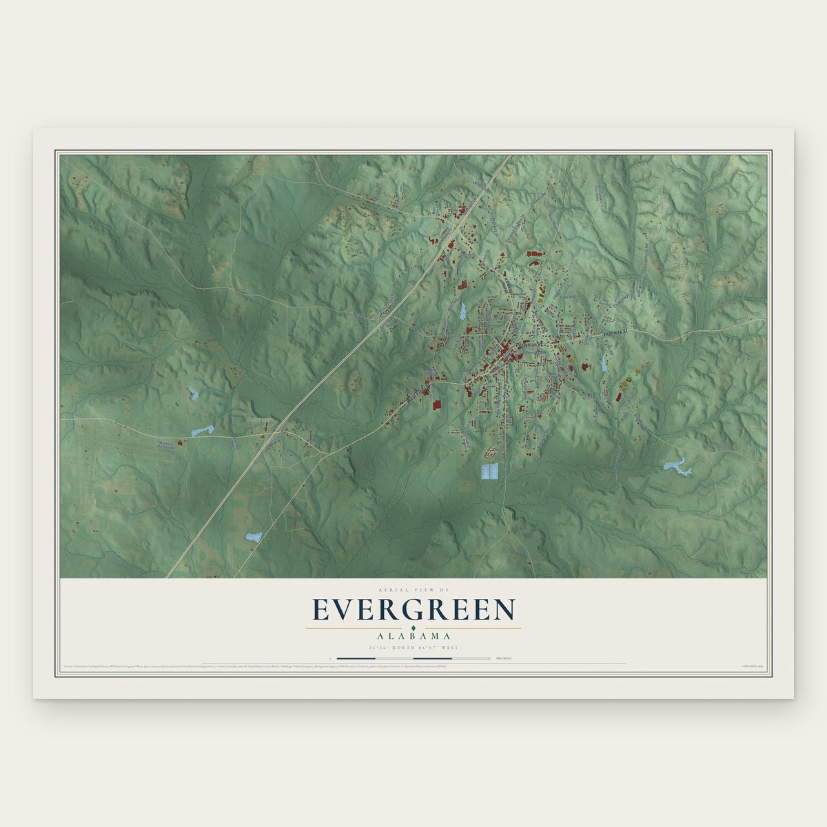 Evergreen, Alabama map print, the full design