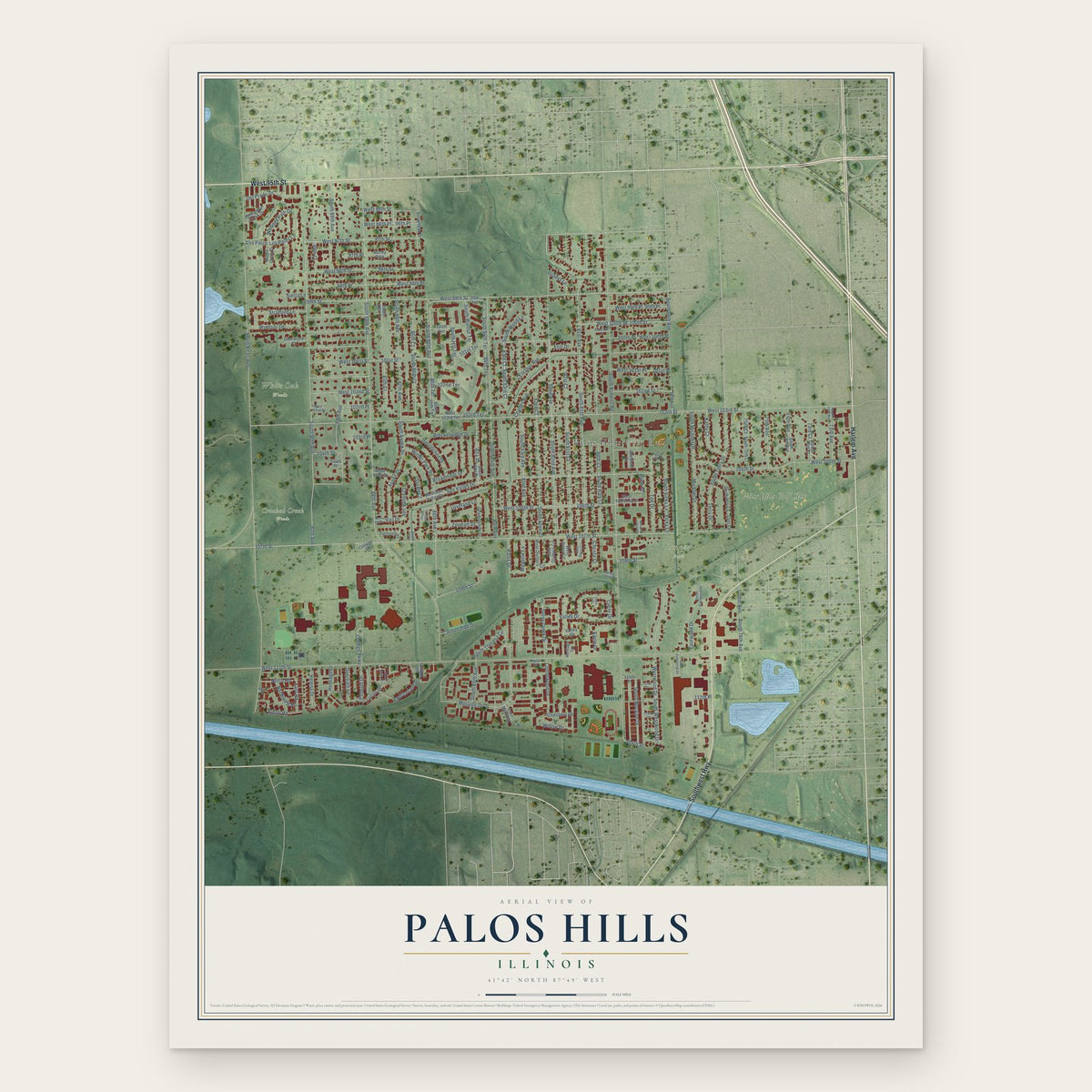Palos Hills, Illinois map print, the full design