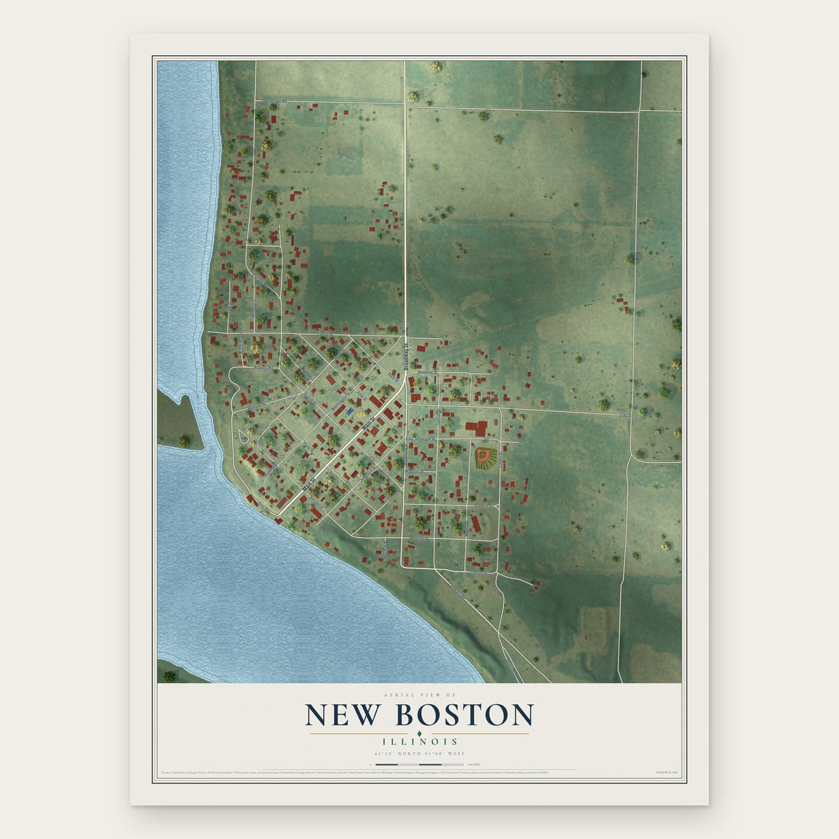 New Boston, Illinois map print, the full design