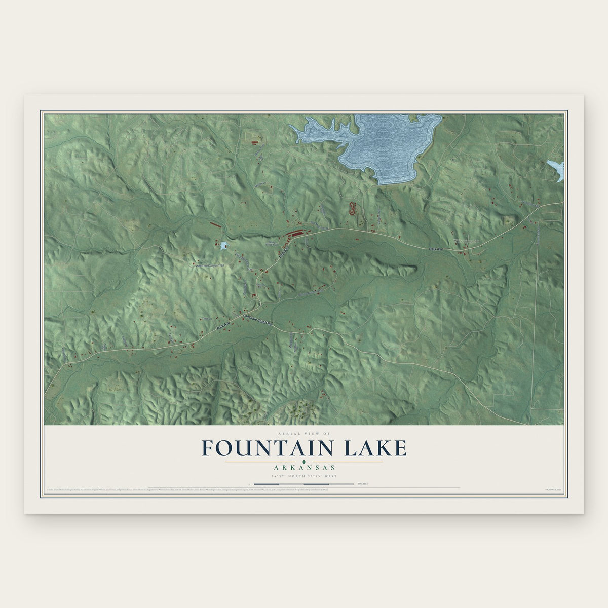 Fountain Lake, Arkansas map print, the full design