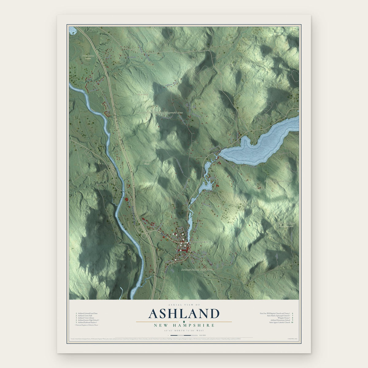 Ashland, New Hampshire map print, the full design