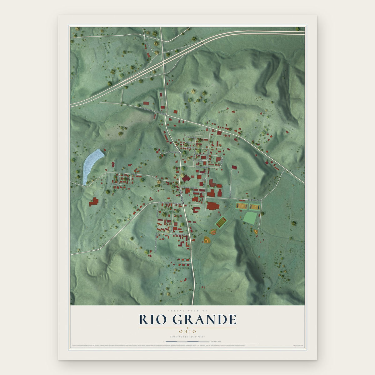 Rio Grande, Ohio map print, the full design